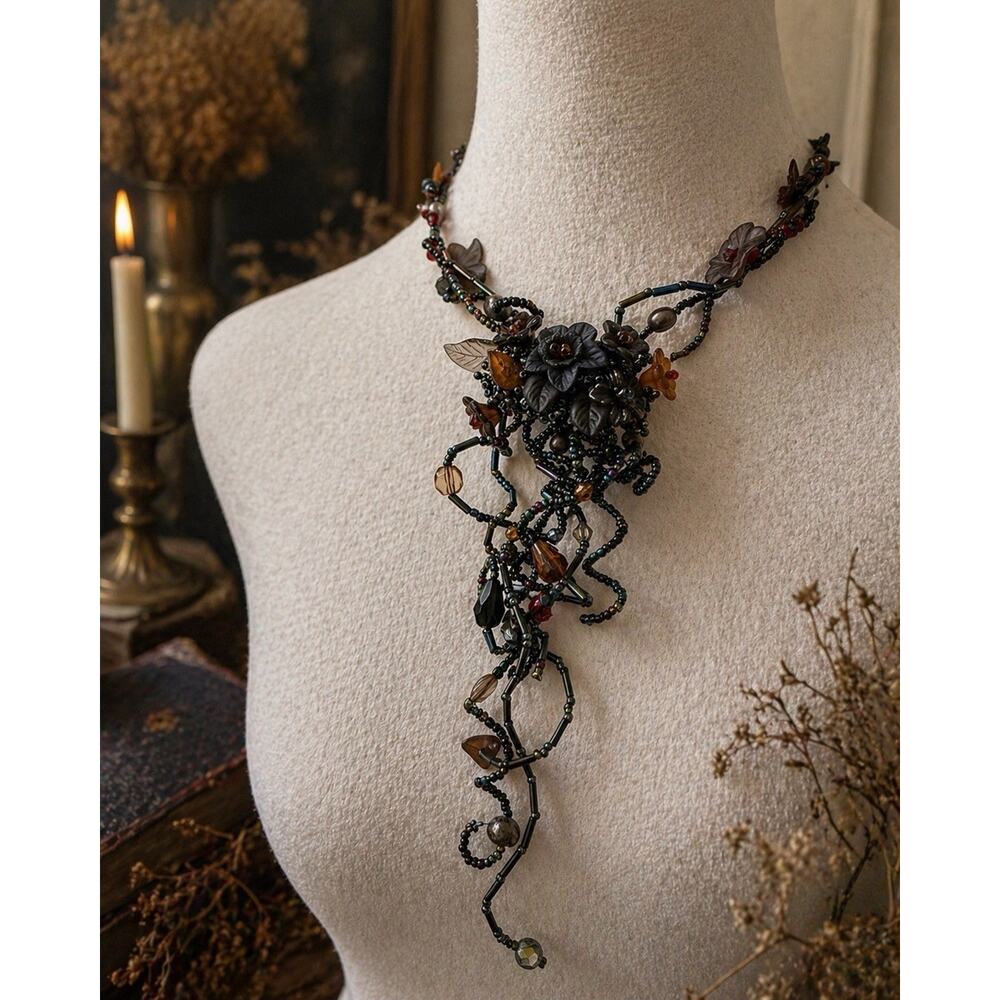 Vintage Artisan Wearable Art Beaded Floral Necklace Gunmetal Boho Gothic - Picture 2 of 8